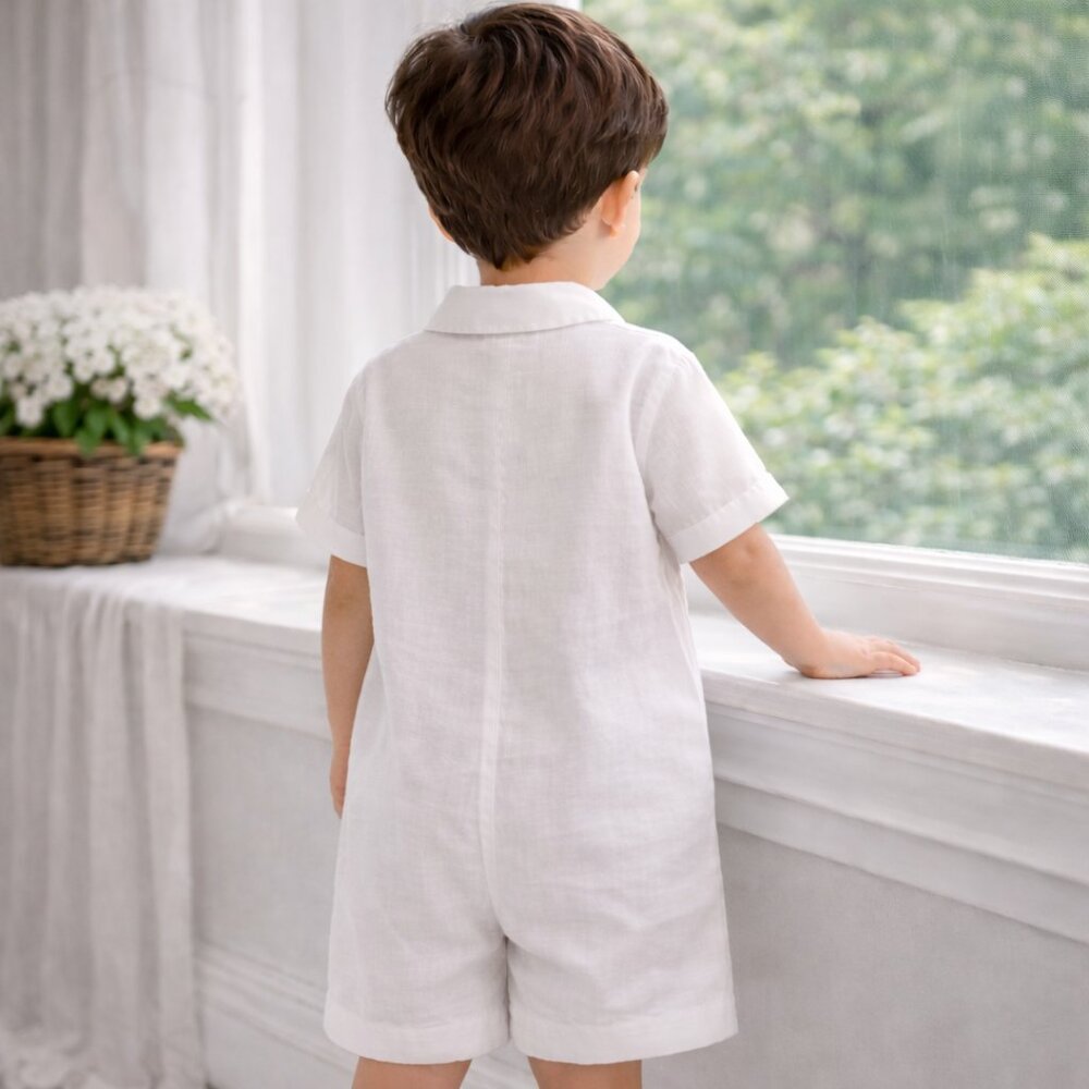 Strasburg Boy White Linen Romper Shortall NEW Size 3 Beach Portrait Ring Bearer - Picture 3 of 10